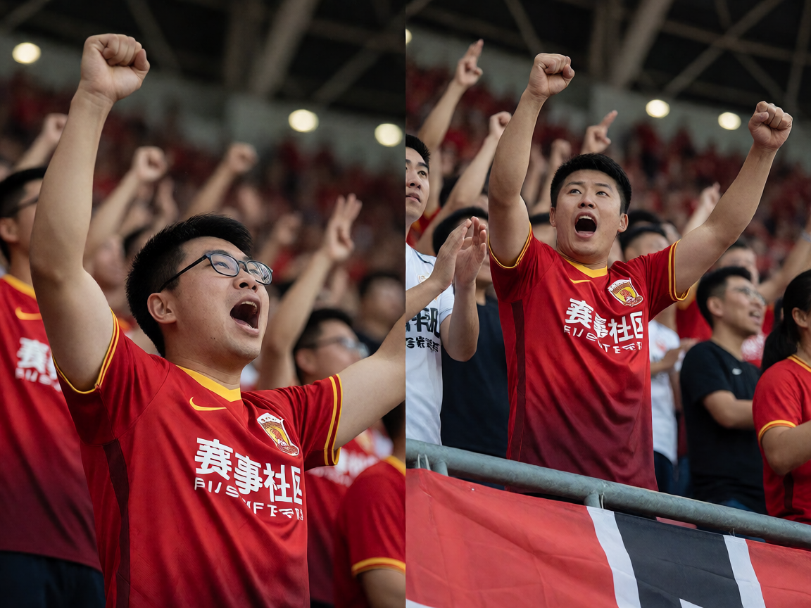体育场内球迷欢呼庆祝，热烈观赛氛围